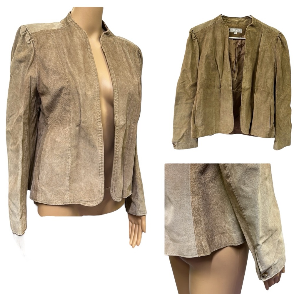 Vintage Suede Tan Open Front Pocket Jacket Puff Sleeve Womens Juniors 9 10